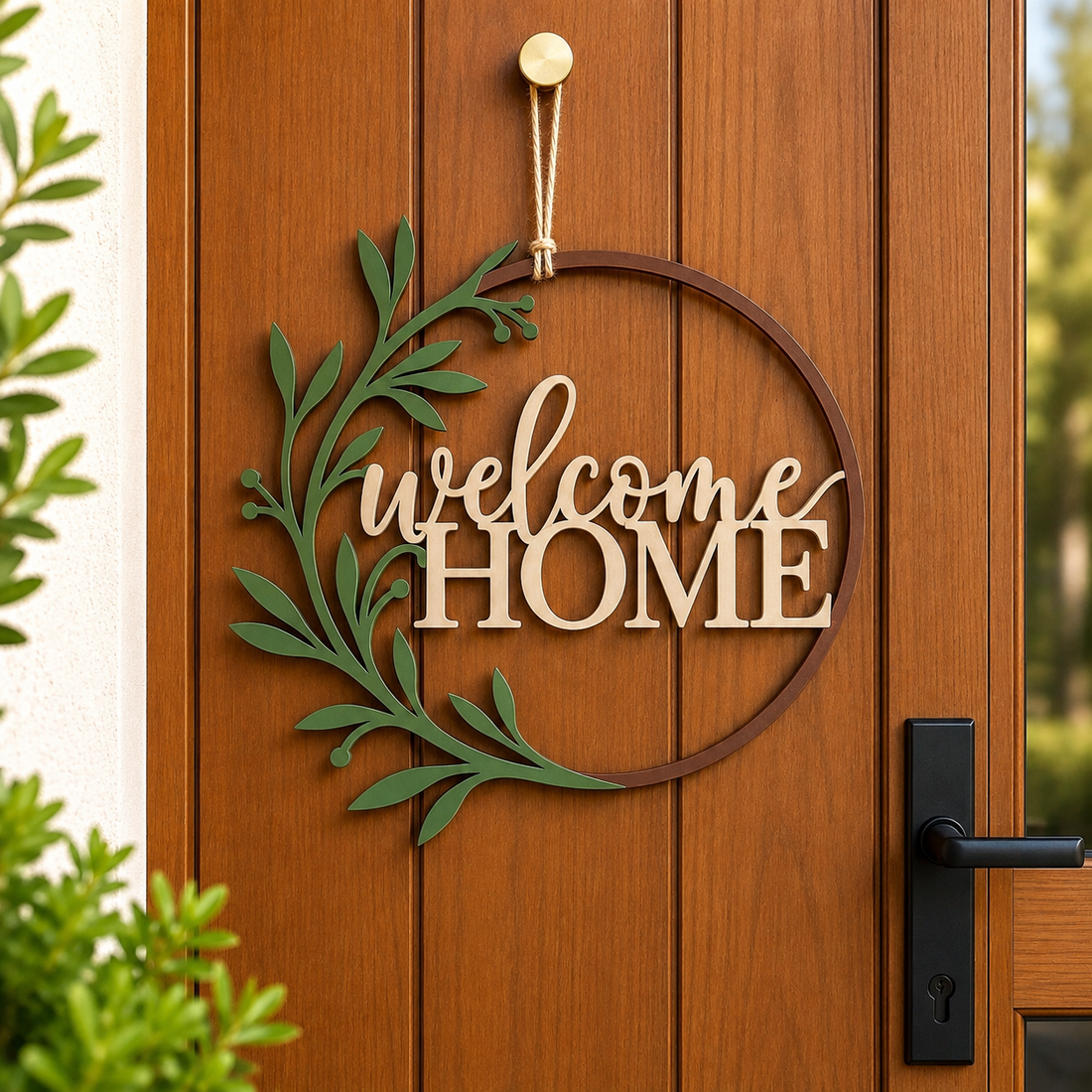 Decorazione da Porta "Welcome Home" – Cerchio con Ramo Botanico