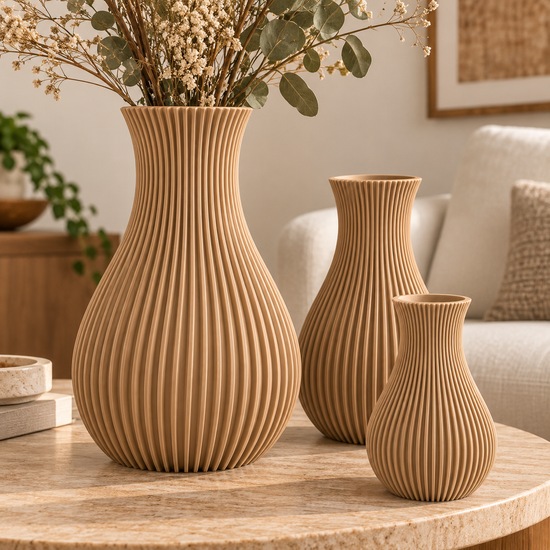 Set 3 Vasi Decorativi con Scanalature Verticali – Stile Japandi
