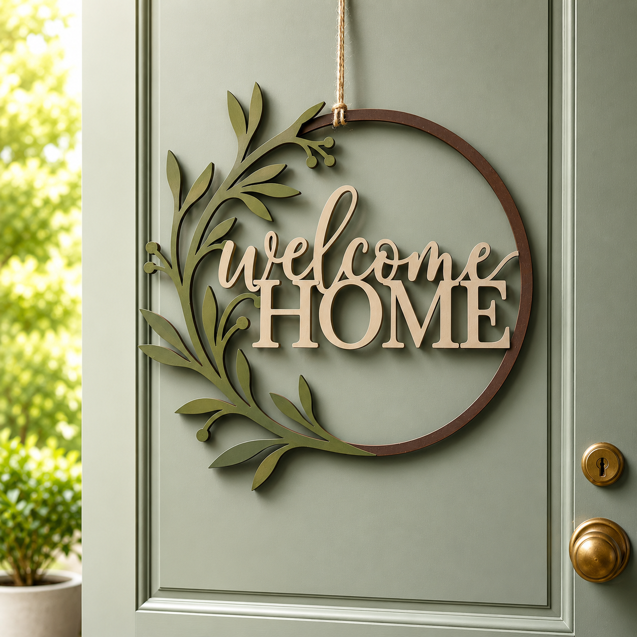 Decorazione da Porta "Welcome Home" – Cerchio con Ramo Botanico